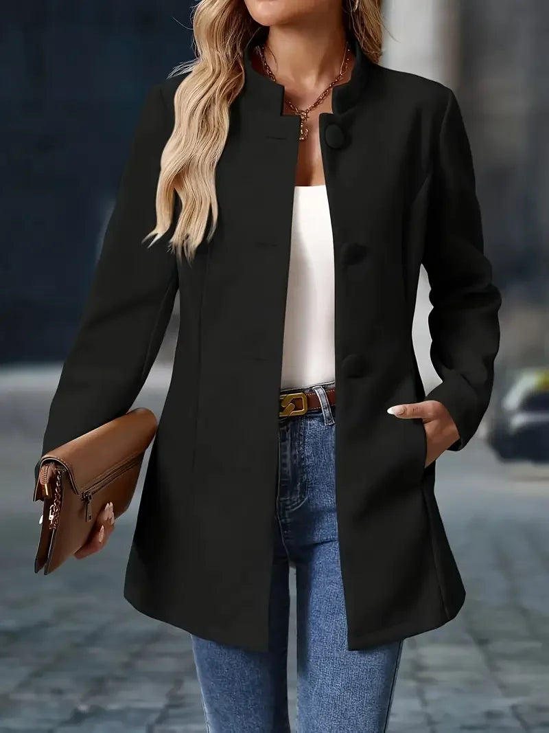 Black button-front blazer jacket with notched lapel and long sleeves