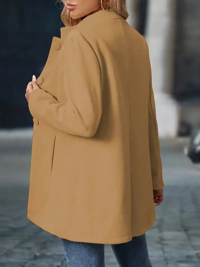 Camel blazer jacket, back view, long sleeves and button detailing at cuffs