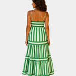 Back view of green striped strappy tiered maxi dress with thin spaghetti straps.