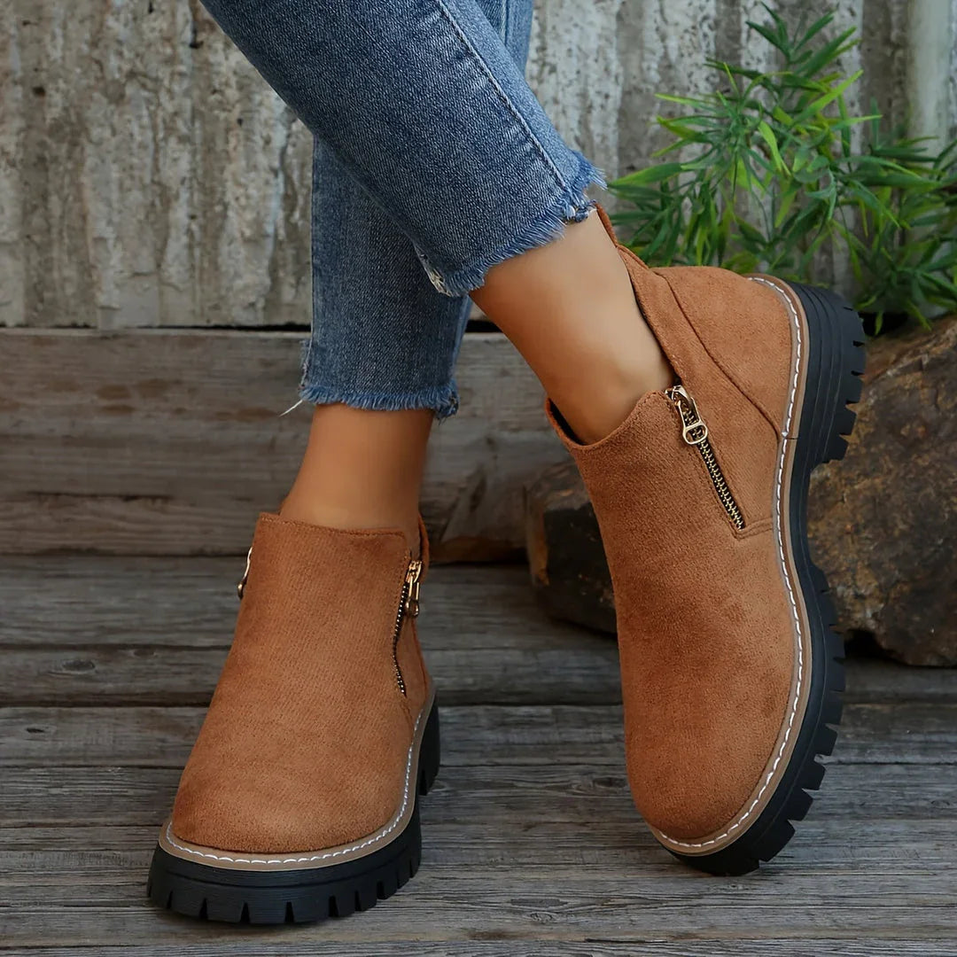 Brown suede ankle orthopedic boots with side zipper and chunky lug sole