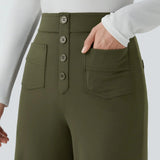 Olive-green high-rise pants with three-button placket and front patch pockets