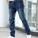 Dark blue casual stretch jeans with straight-leg fit and subtle wash pattern