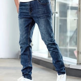 Dark blue casual stretch jeans with straight-leg fit and subtle wash pattern