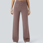 Mauve wide-leg elastic pants with button-front detail and side pockets