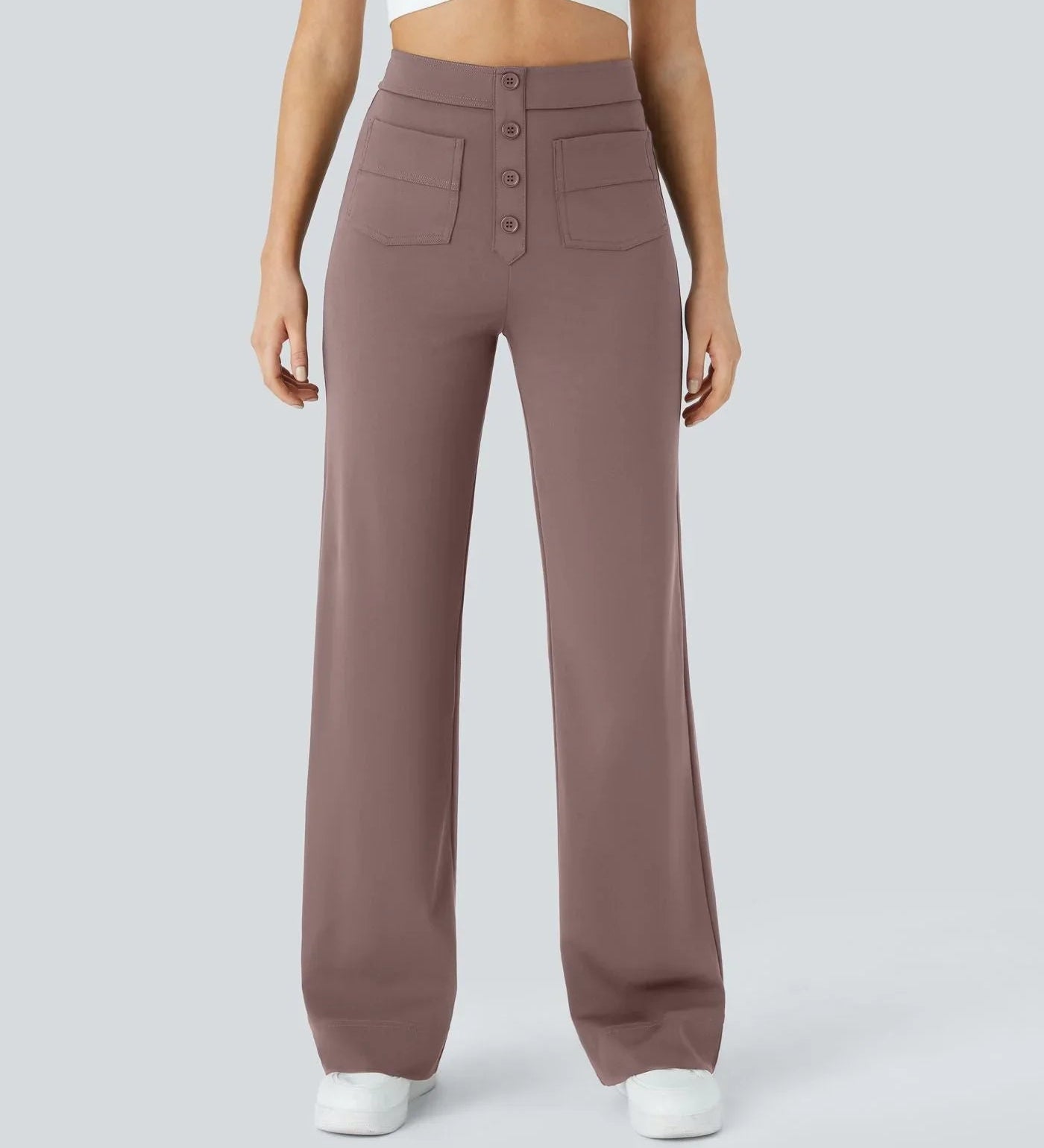 Mauve wide-leg elastic pants with button-front detail and side pockets