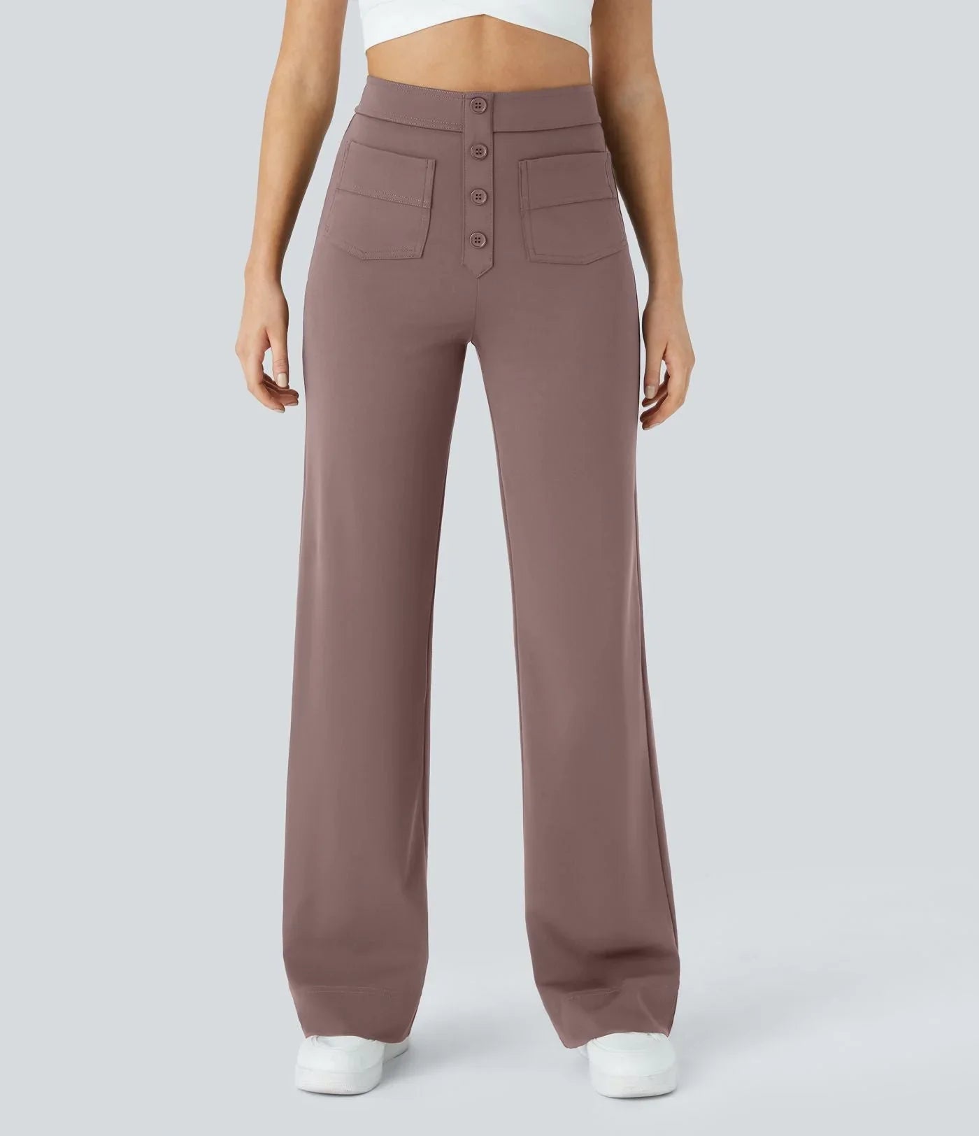 Mauve wide-leg elastic pants with button-front detail and side pockets