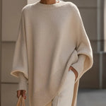 Oversized crewneck knit sweater, cream-beige, draped batwing sleeves