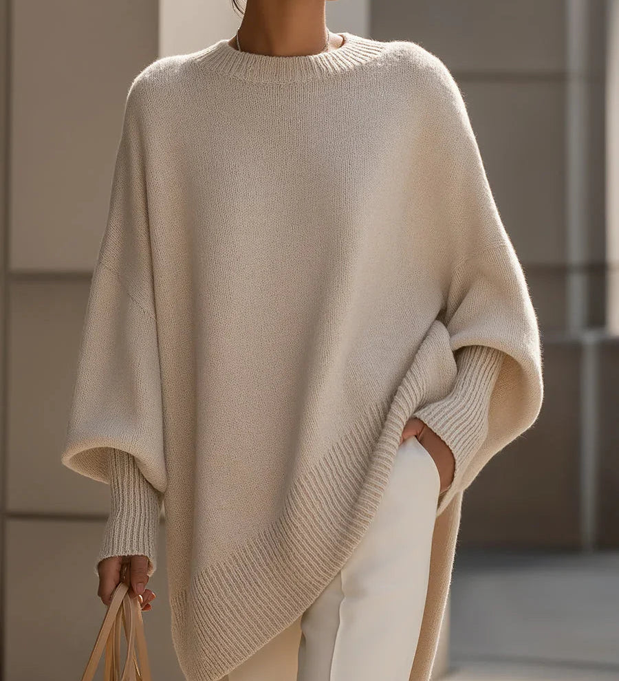 Oversized crewneck knit sweater, cream-beige, draped batwing sleeves