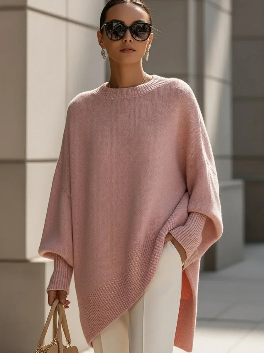 Oversized crewneck knit sweater, blush pink, draped batwing sleeves