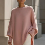 Oversized crewneck knit sweater, blush pink, draped batwing sleeves