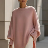 Oversized crewneck knit sweater, blush pink, draped batwing sleeves