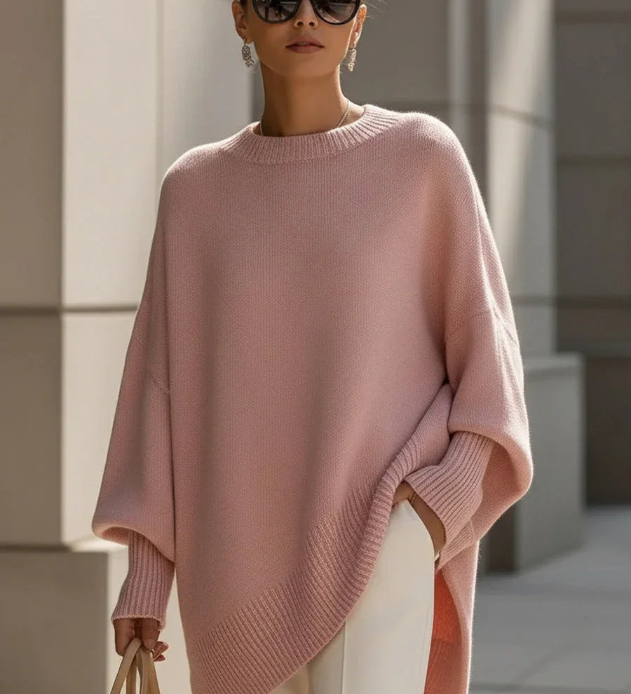 Oversized crewneck knit sweater, blush pink, draped batwing sleeves