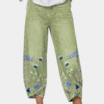 3/4-length casual pants, light green with blue floral bird print on lower panels