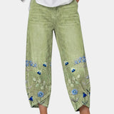 3/4-length casual pants, light green with blue floral bird print on lower panels