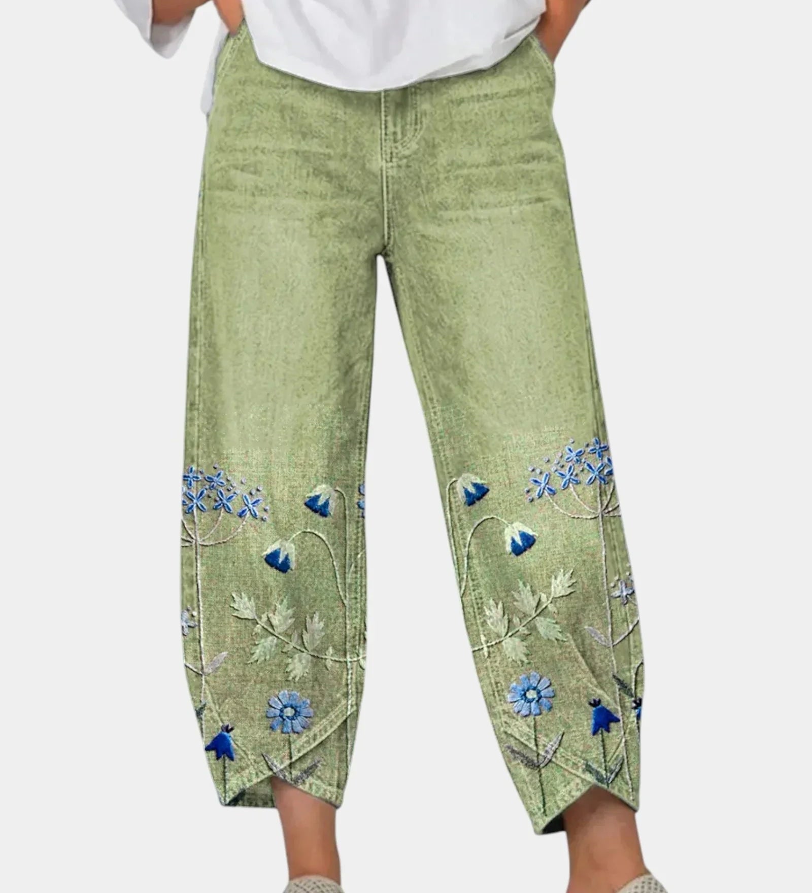 3/4-length casual pants, light green with blue floral bird print on lower panels