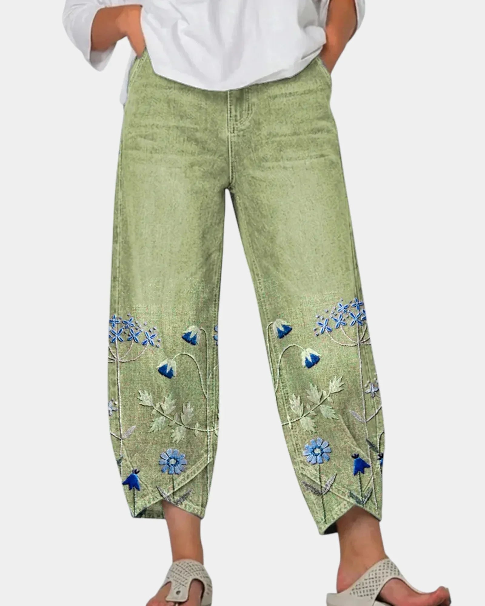 3/4-length casual pants, light green with blue floral bird print on lower panels