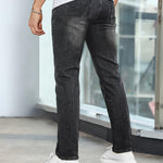 Black casual stretch jeans, back view with stitched pockets and straight-leg fit