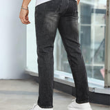 Black casual stretch jeans, back view with stitched pockets and straight-leg fit