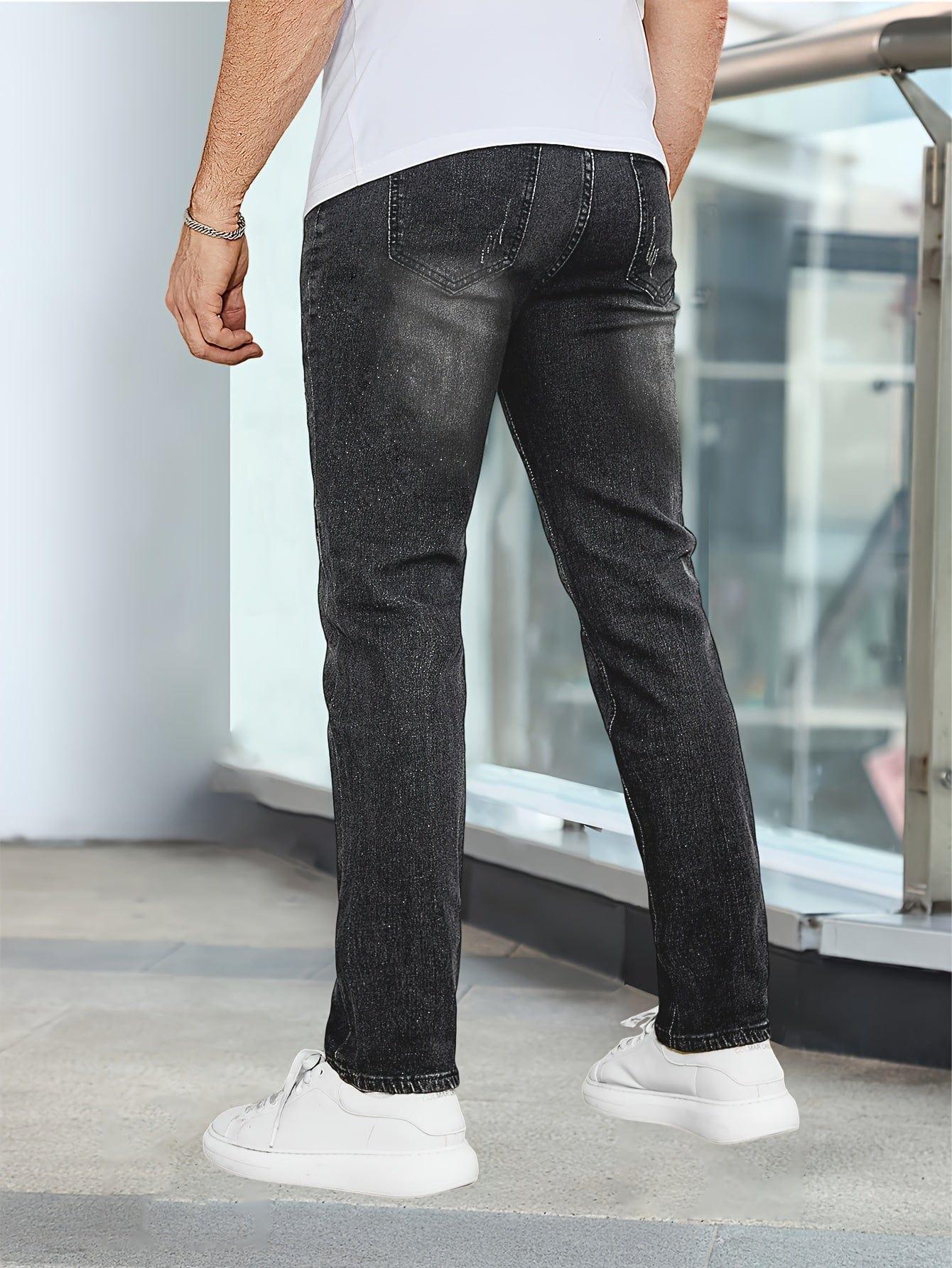 Black casual stretch jeans, back view with stitched pockets and straight-leg fit