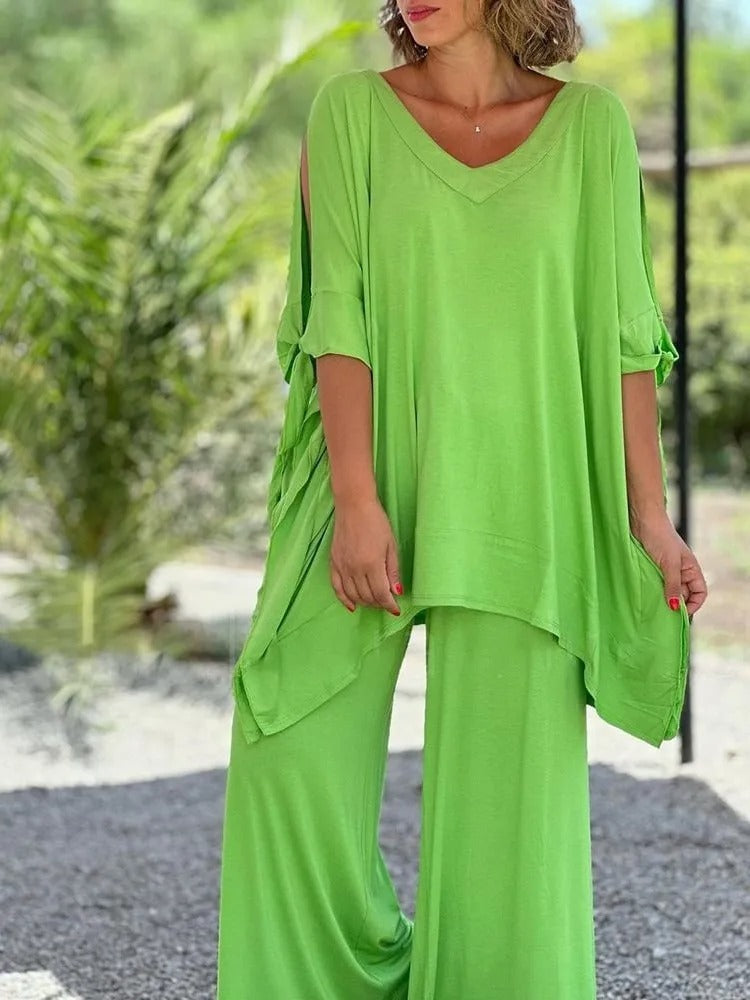 Green V-neck tunic with side drape and wide-leg pants set