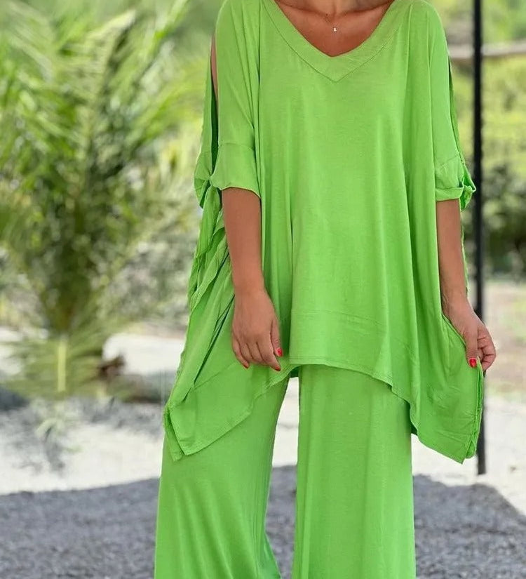 Green V-neck tunic with side drape and wide-leg pants set