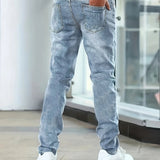 Blue casual stretch jeans, rear view with two back pockets and straight-leg cut
