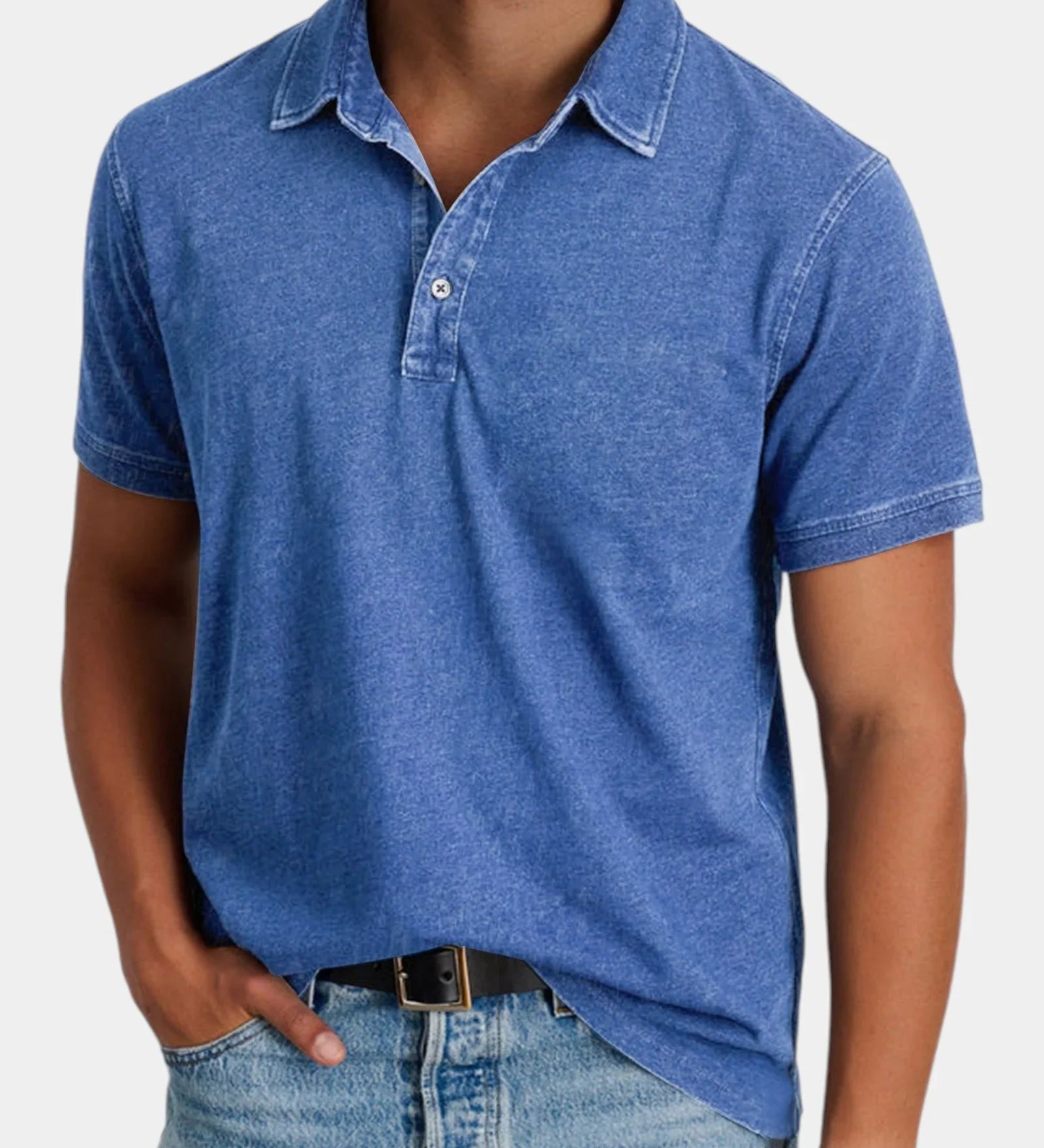 Blue classic polo shirt with short sleeves, button placket, and collared neckline
