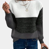 Two-tone knit pullover with crew neck, cream upper to charcoal gray gradient