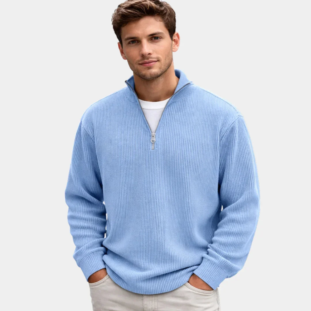 Blue ribbed quarter-zip sweater with long sleeves and half-button placket