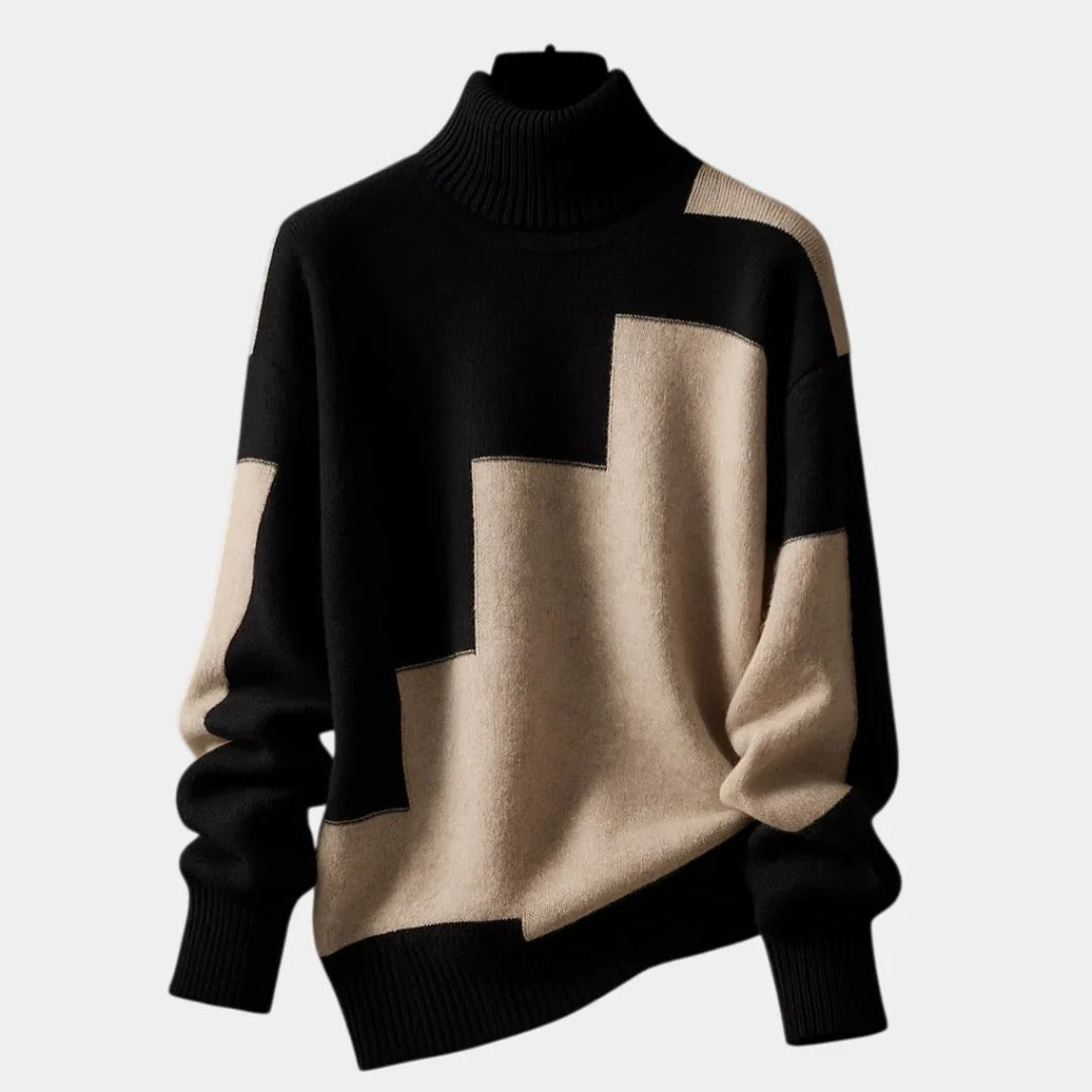 Color-block turtleneck sweater with long sleeves, black and camel panels