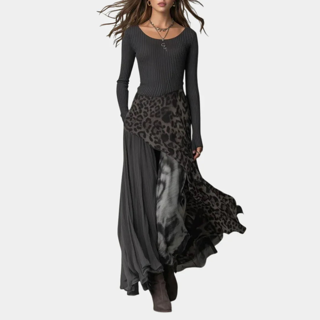 Long leopard print dress with ribbed black long sleeves and layered maxi skirt