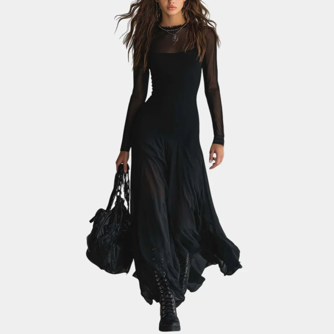 Long black tulle dress with sheer sleeves and layered flared skirt