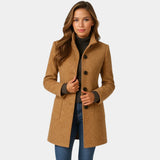 Women’s button-front coat in tan with notched collar and side pockets