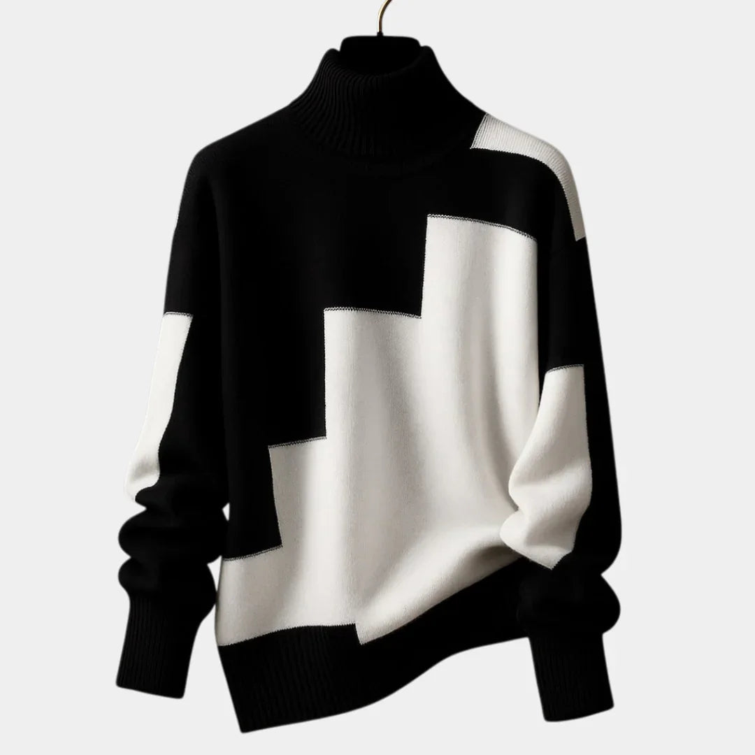 Color-block turtleneck sweater with long sleeves, black and white panels