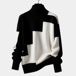 Color-block turtleneck sweater with long sleeves, black and white panels