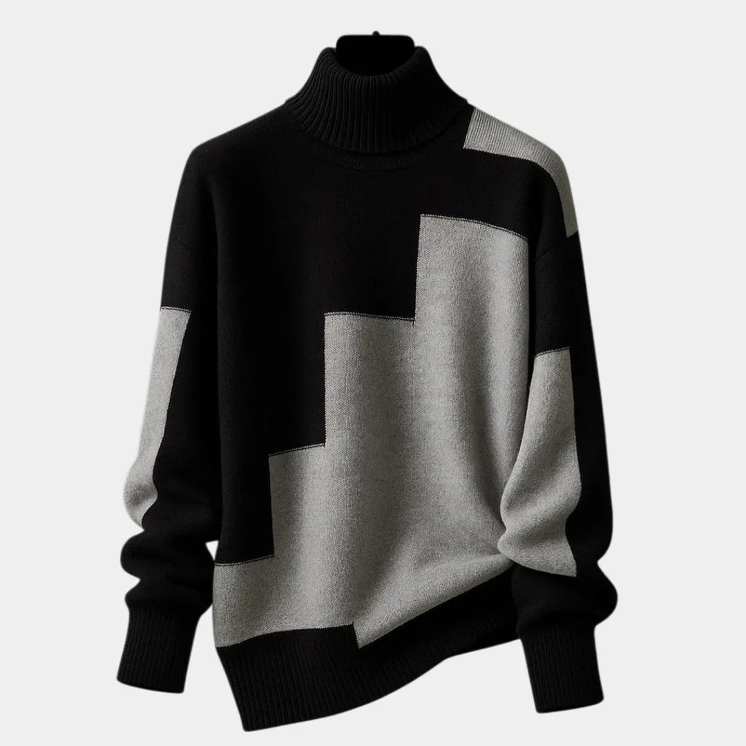 Color-block turtleneck sweater with long sleeves, black and gray panels