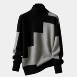 Color-block turtleneck sweater with long sleeves, black and gray panels