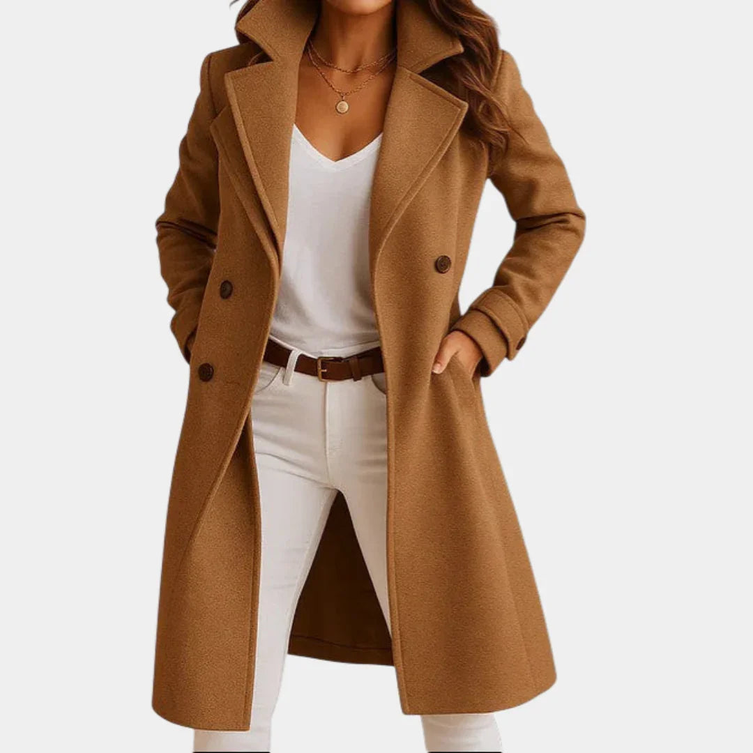 Camel long coat with notched lapels and button front, worn over a white top