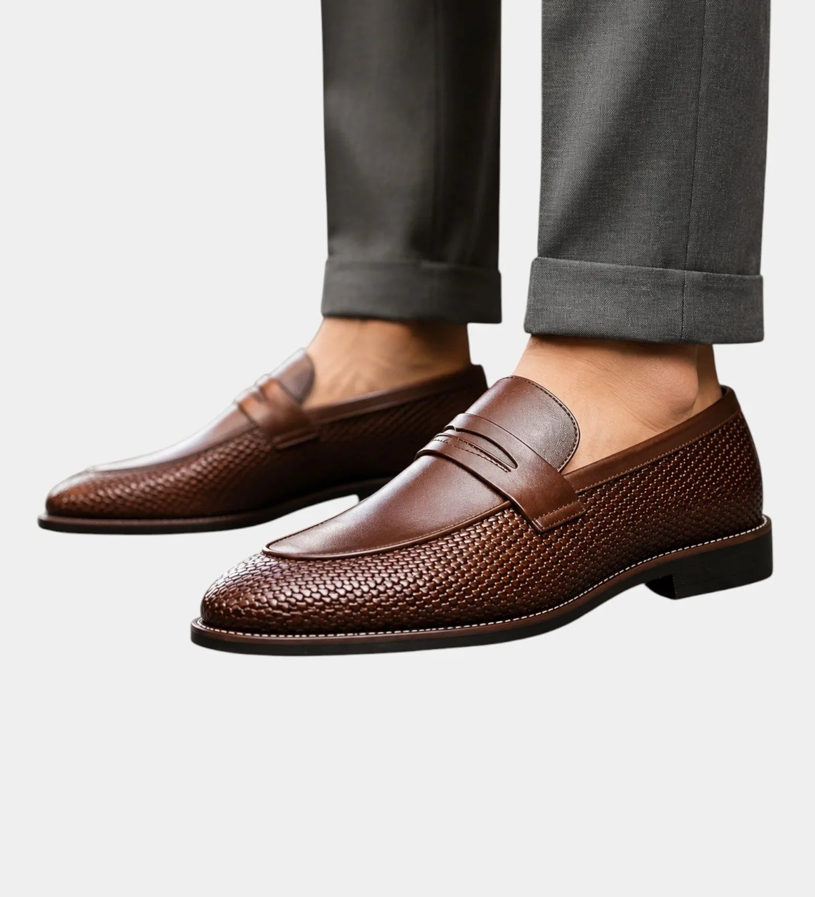 Cigar brown leather-texture loafers with penny-slot styling and stitched detailing