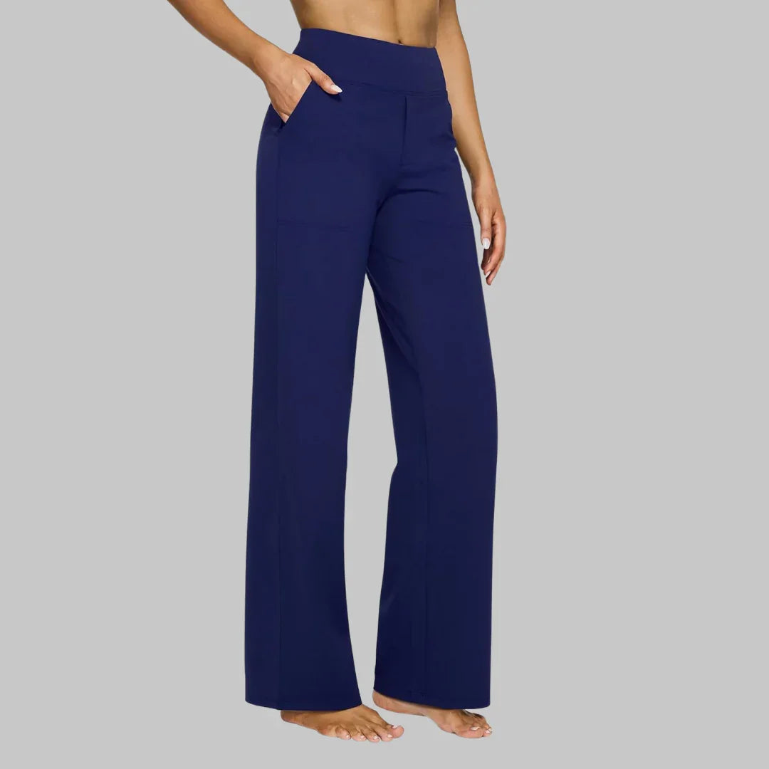 Wide-leg high-waist pants in dark blue with front pockets and belt loops
