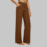 Wide-leg high-waist pants in dark brown with front pockets and belt loops