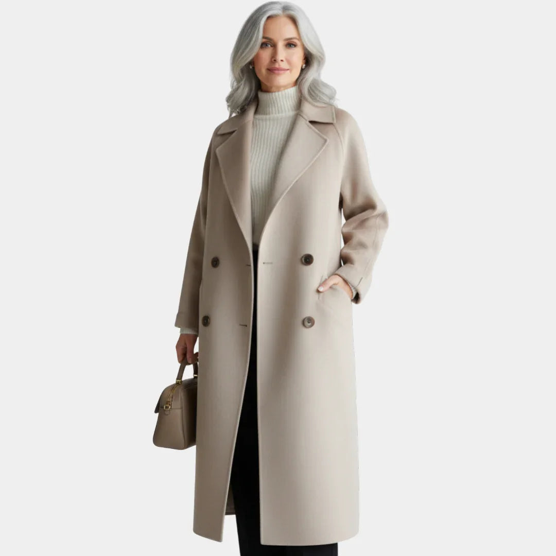 Long beige double-breasted coat with notched lapel and button front