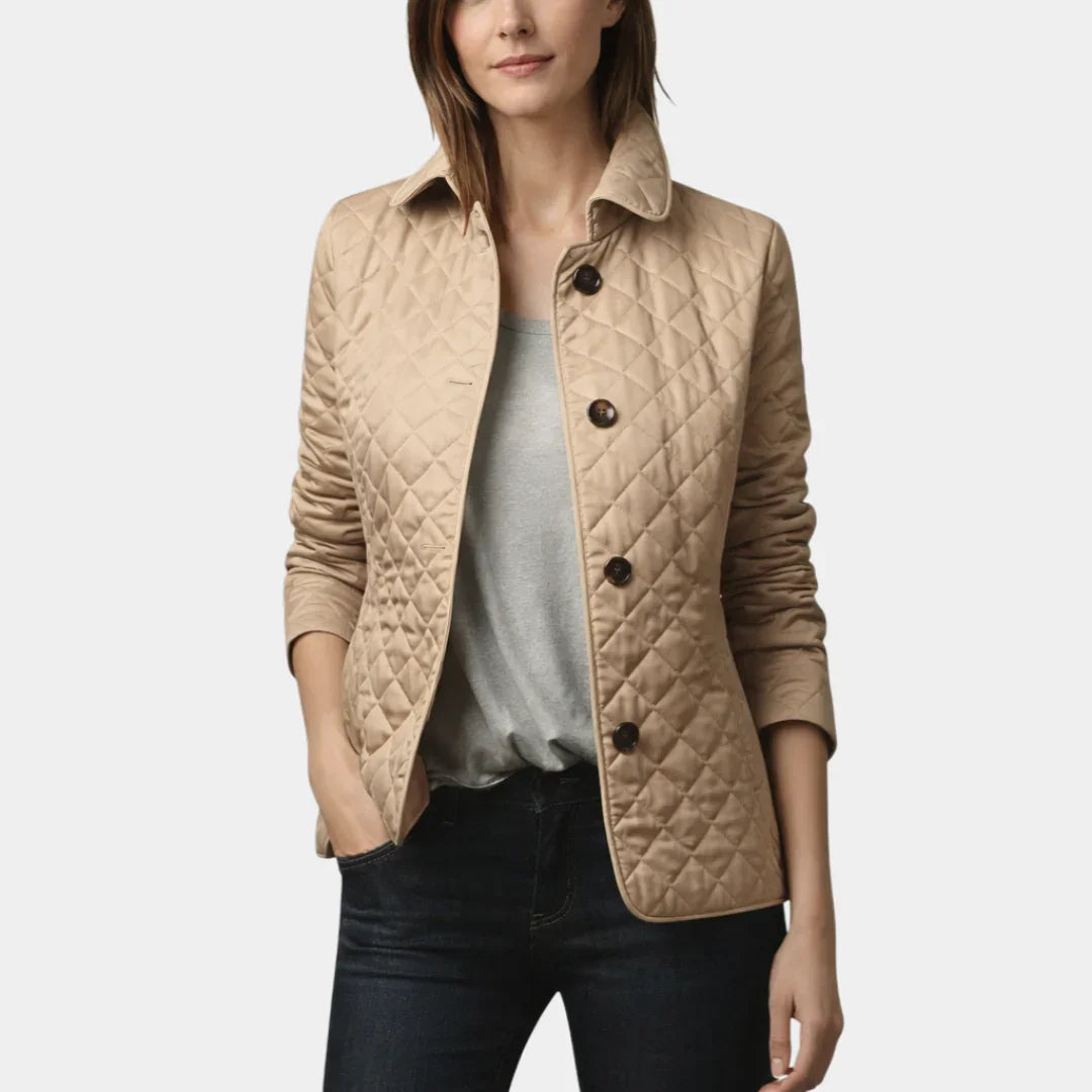 Khaki quilted mid-season jacket with stand collar and button front