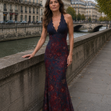 Floral maxi dress with scalloped V-neck, sleeveless fitted silhouette, navy with red floral