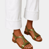 Green metallic T-strap open-toe sandals with low block heel and ankle strap