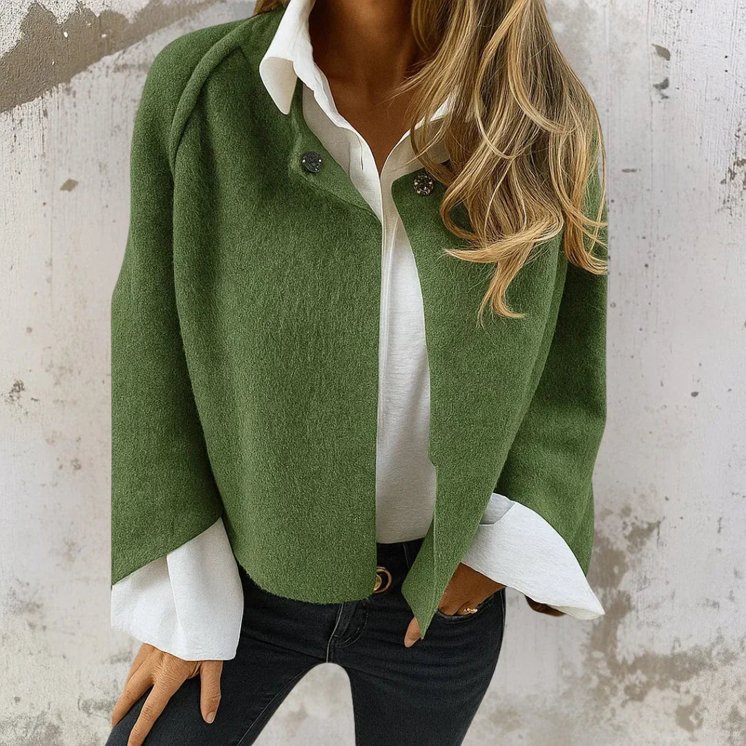 Green short jacket with snap button front and rounded collar, long sleeves