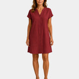 Women’s light dress in red, short sleeves, V-neck, button-front, above-knee length