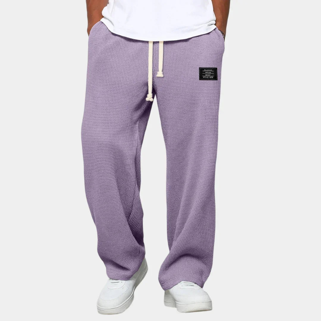 Men's drawstring pants, relaxed fit, textured purple fabric
