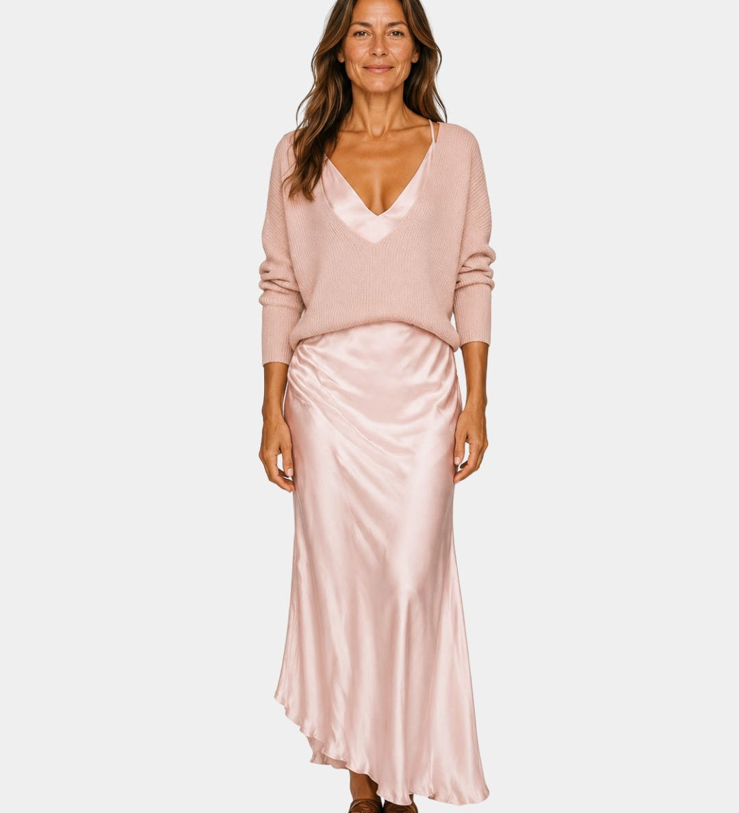 Pink V-neck dress with blouse top and satin midi skirt