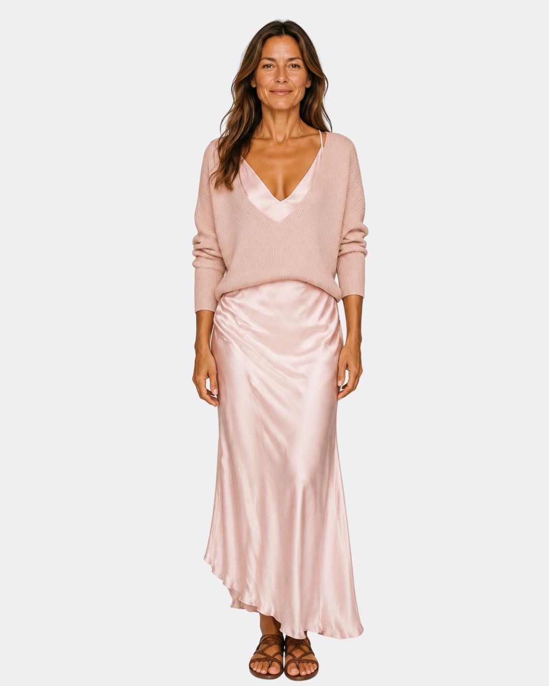 Pink V-neck dress with blouse top and satin midi skirt